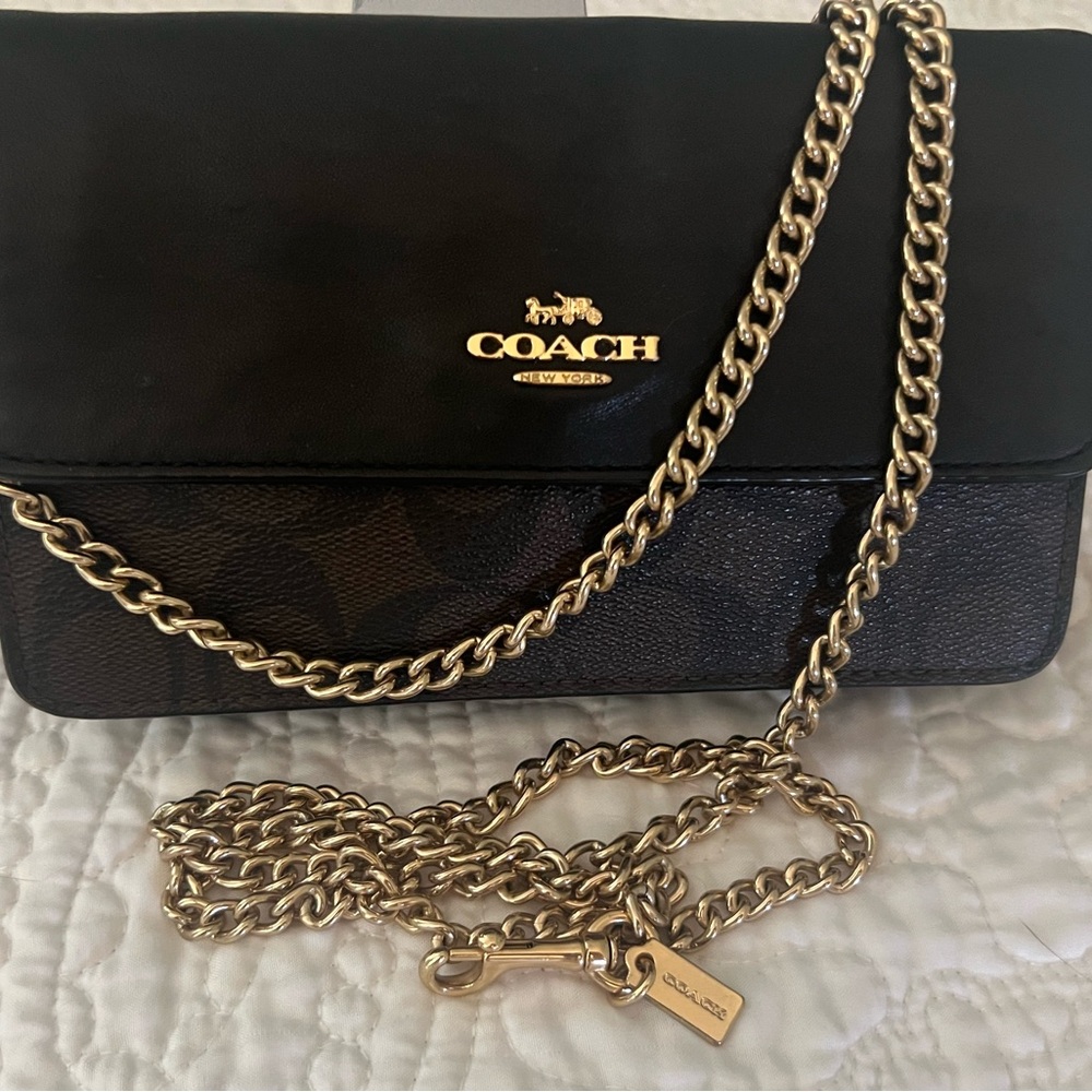 Coach Black and Gold Wristlet Crossbody Bag with Coach Chain Cross Body Strap